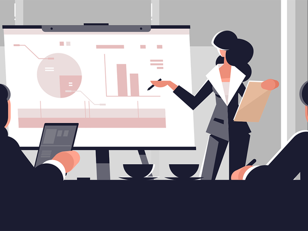 Woman making presentation character board explaining presentation suit.png
