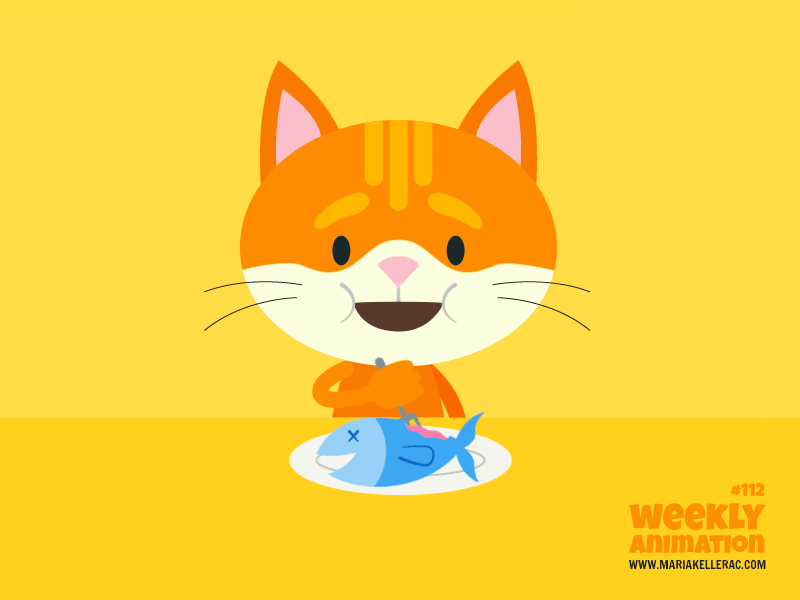 Cat eating fish illustration character kids kawaii cute mexico animaci.gif