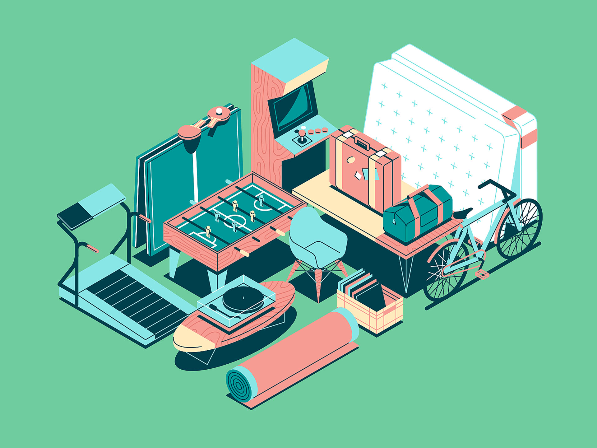 Clutter storage furniture bike table rug matres chair foosball treadmi.jpg