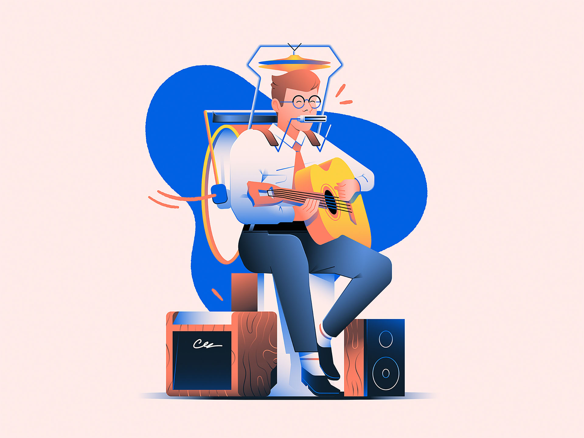One Man Band man harmonica drums band music guitar illustration.jpg