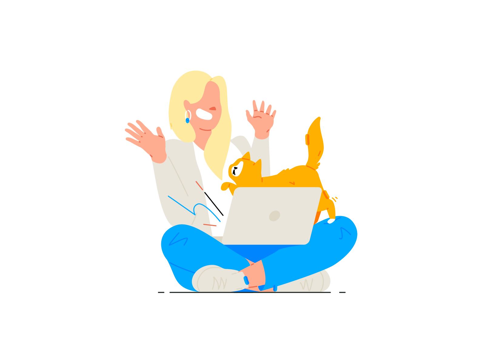 Girl and cat cat laptop girl stroke design line character illustration.png