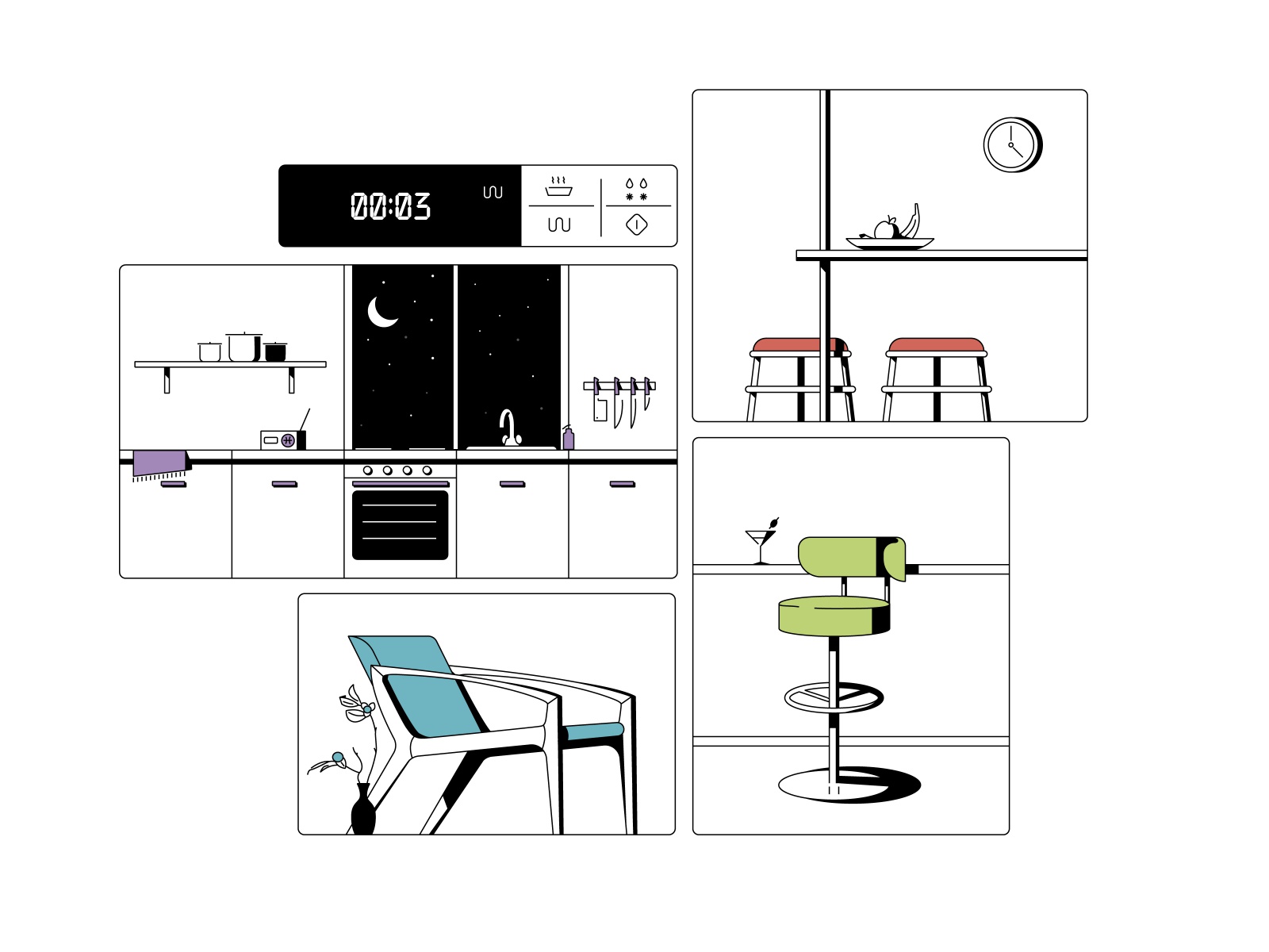 kitchen design line flat illustration interior house room flowers chai.jpg