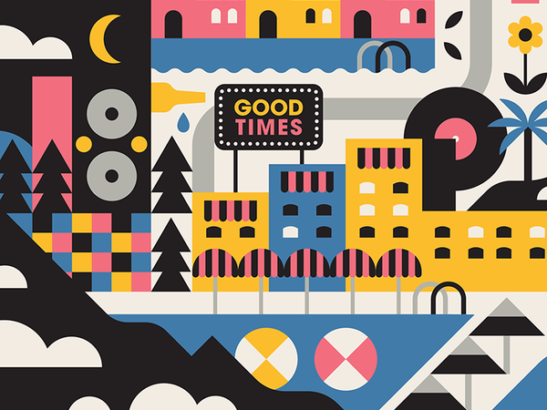 Good Times pool clouds nature signage moon buildings vector simple cit.png