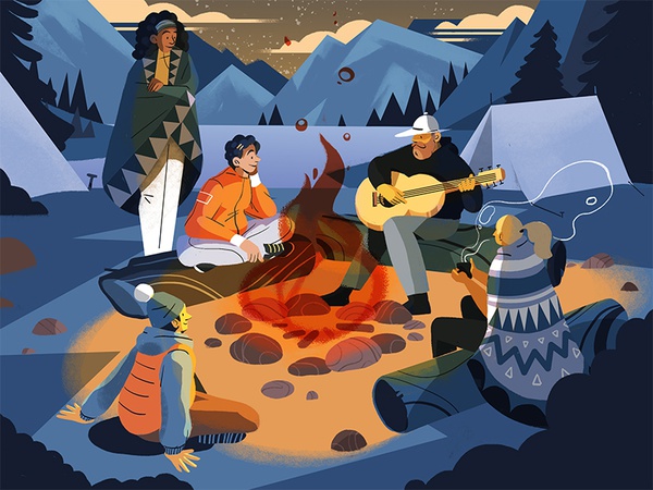Bonfire study flat webdesign vector graphic campers group guitar night.jpg