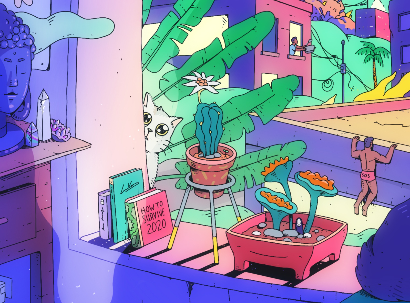 The New Normal .  Detail   window kawaii book cactus buddha cat bright.jpg