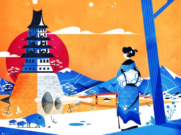 A wintery scene boar japan cityscape texture architecture city illustr.jpg