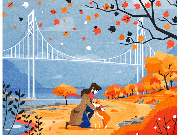 Autumn Walkies bridge nature fall autumn flat corgi dog design illustr.jpg