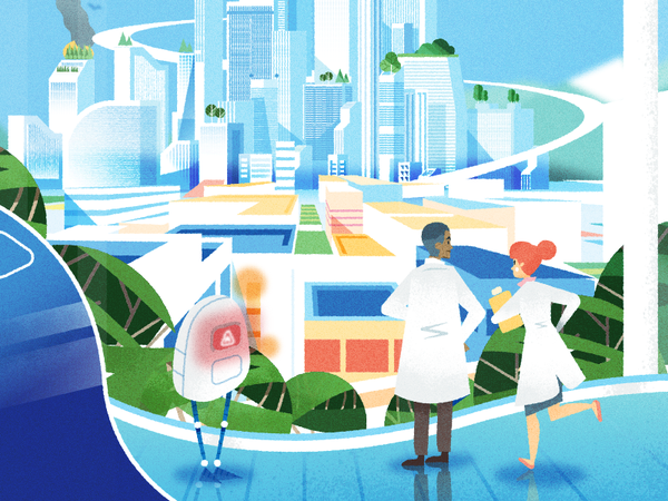 Green City  panic robot futuristic future city scientists.png
