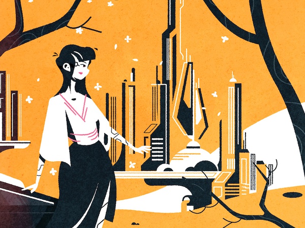 Out and about design flat colours skyline cityscape character cyberpun.jpg