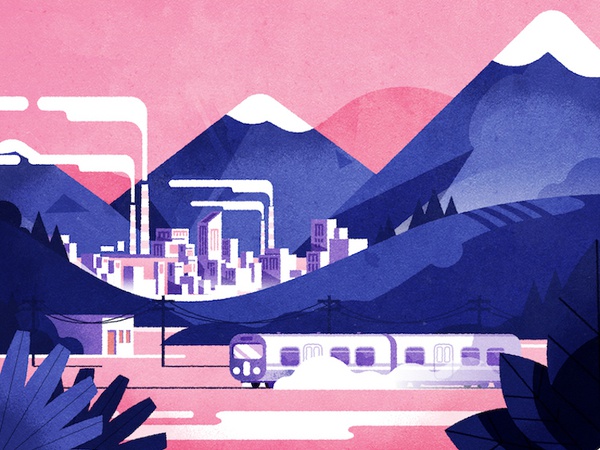 Passing train design flat mountains cityscape landscape vector train.jpg