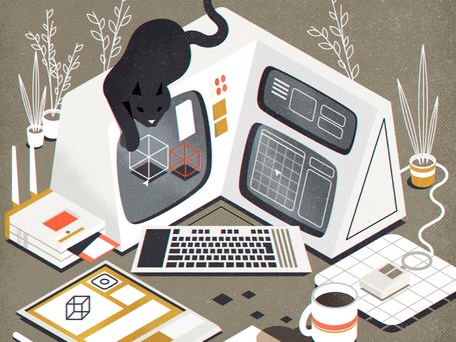 Retrofuturistic workstation + cat cat workstation computer retro illus.jpg