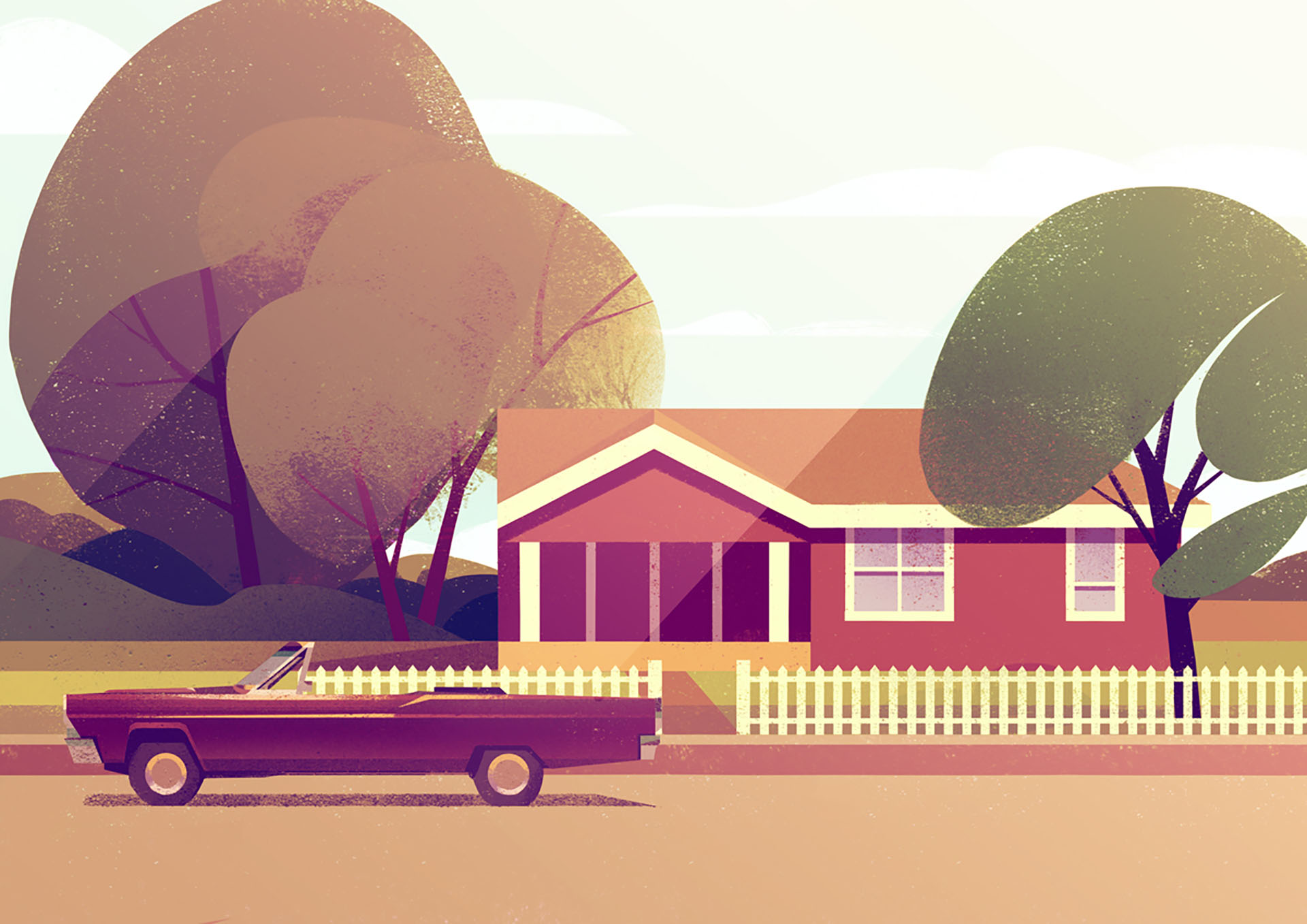 red orange sunset Evening trees house vintage car.jpg