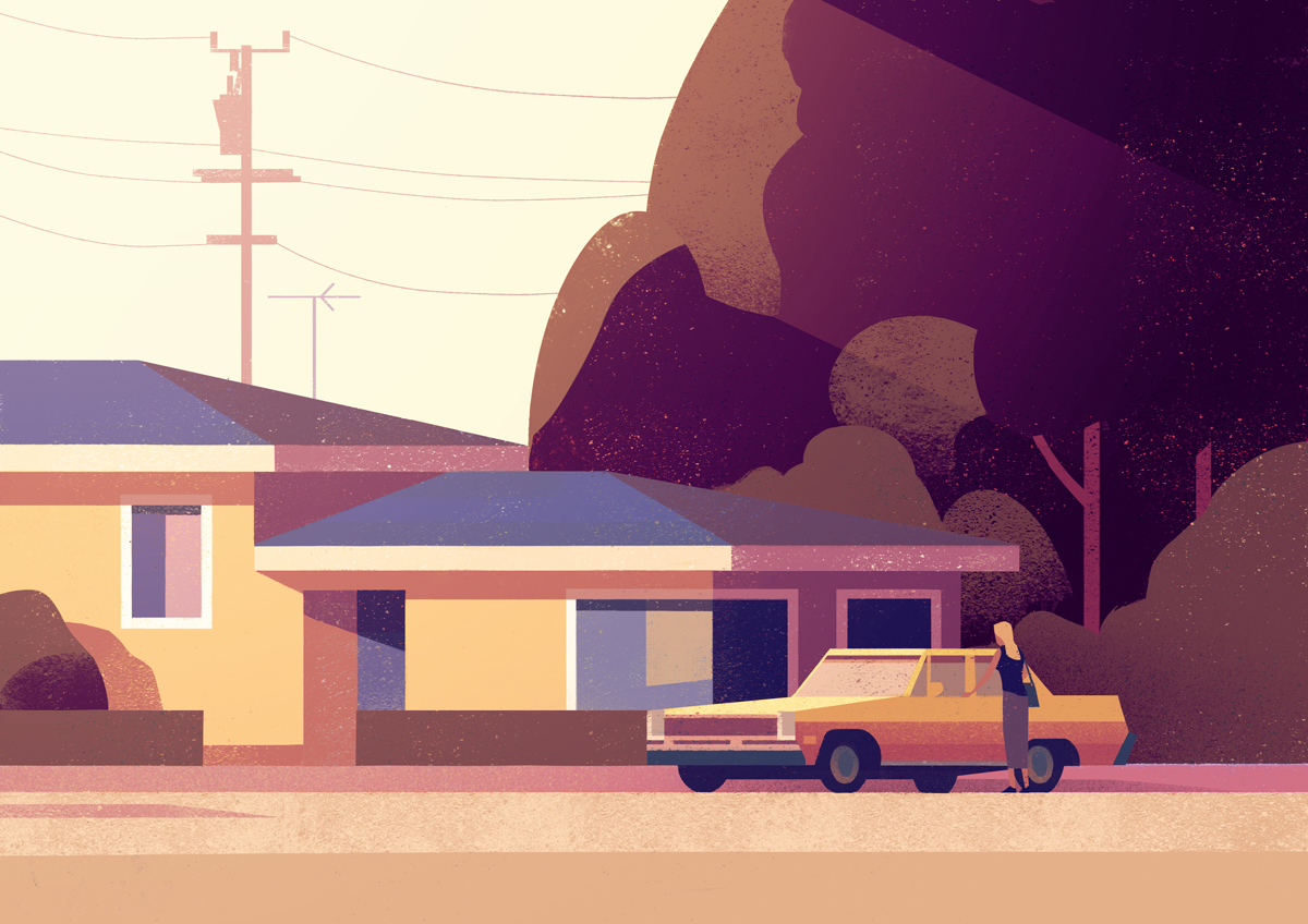 red orange sunset Evening trees house vintage car (2).jpg
