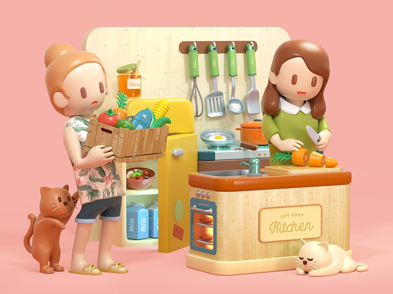 Toy Kitchen cat kitchen illustration isometric character toy c4d 3d ci.jpg