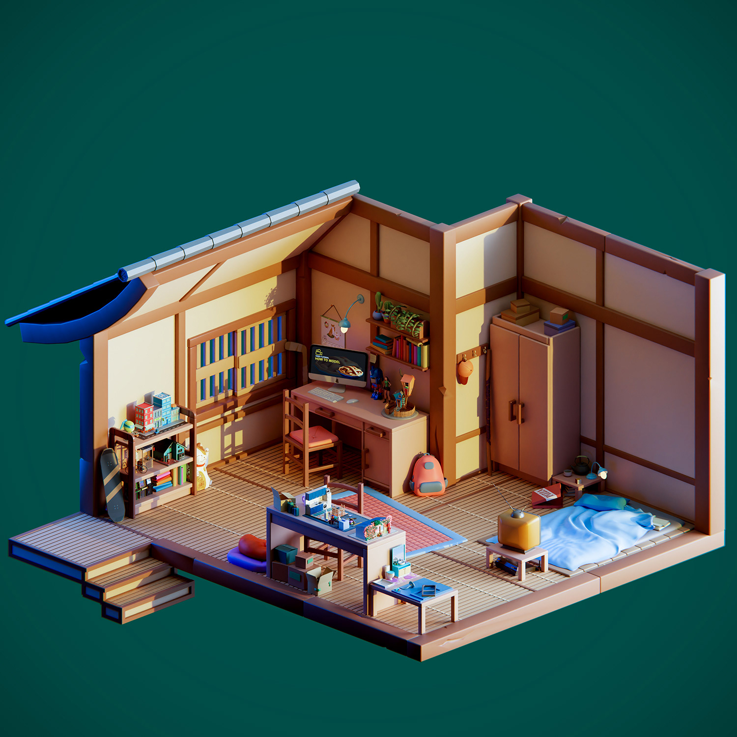 3D bedroom blender Diorama house Isometric Low Poly lowpoly Miniature.jpg