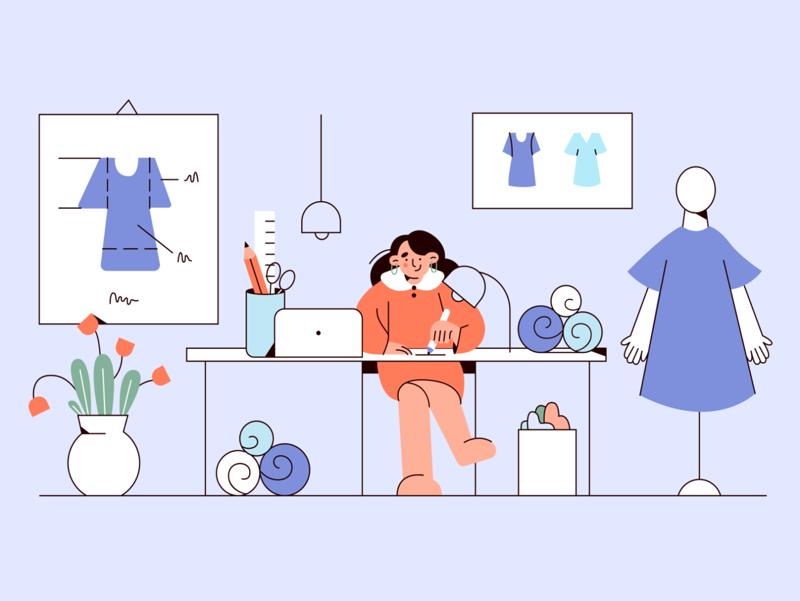 Designer cute illustration computer desk clothes work space line art o.png