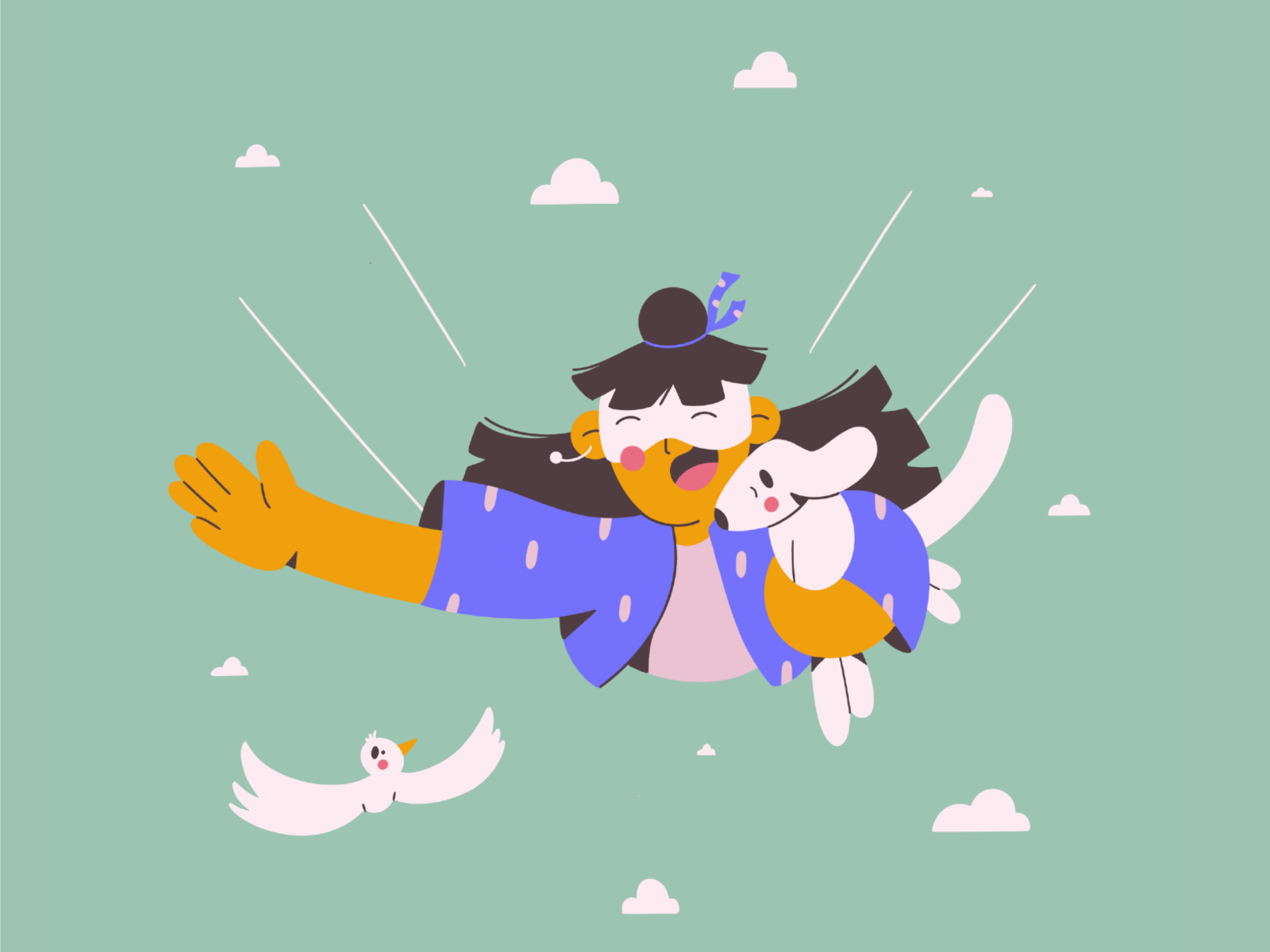 in the clouds! bird flying traveling sky clouds doggy dog face illustr.png