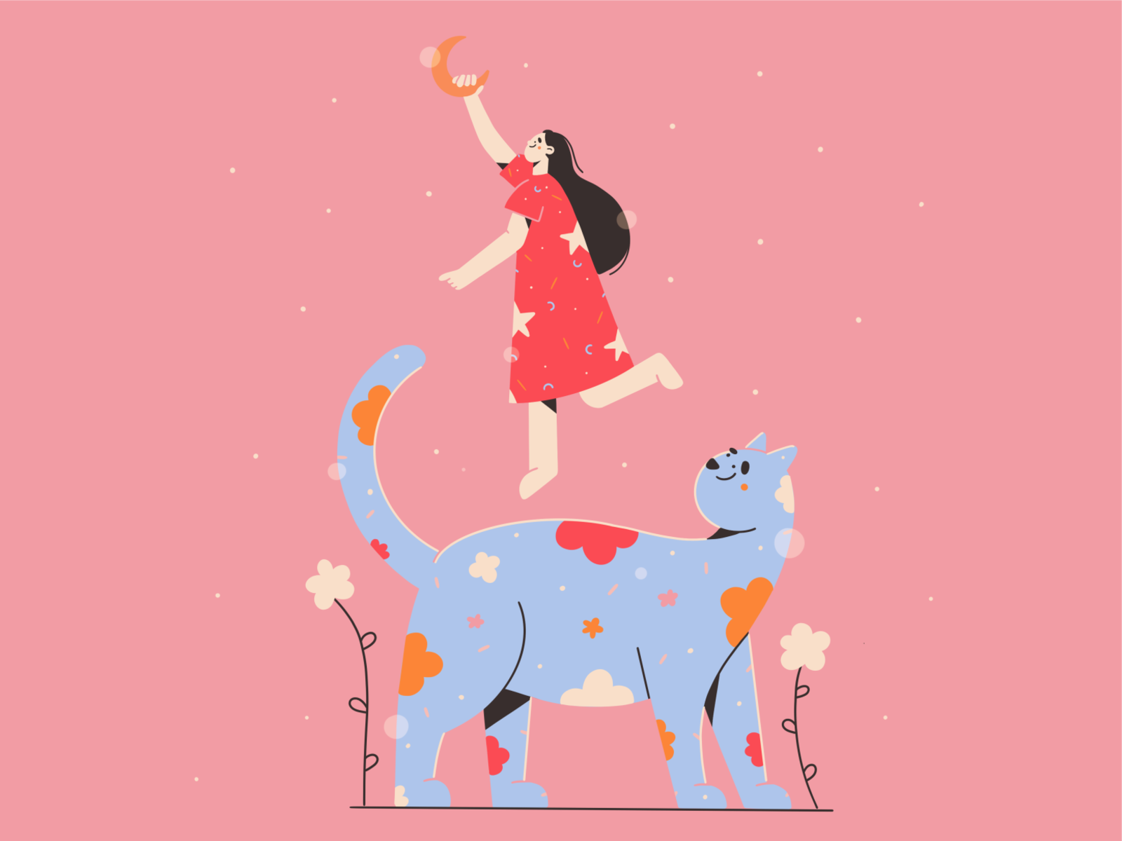 Touch the sky stars dream sky pattern moon girl kitty cat minimal art.png