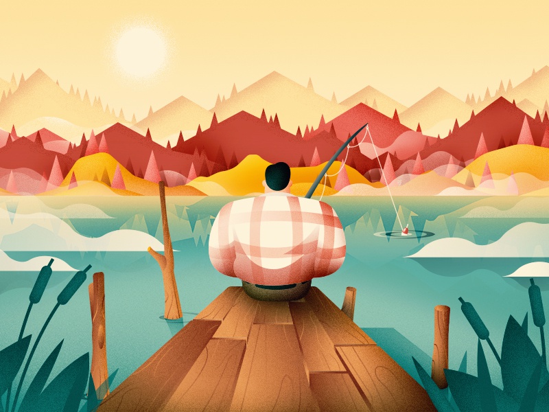 Fishing In Autumn water nature character mountains wood landscape art.jpg