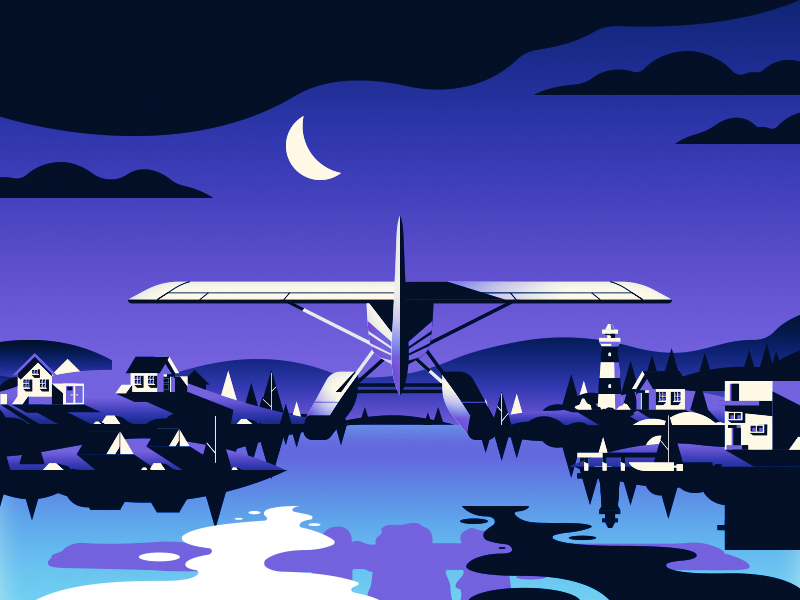 Late Night Landing lighthouse house monochrome plane moon night landsc.png