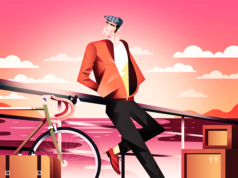 Skipping Town pink print lake shadows bicycle sky water landscape char.png