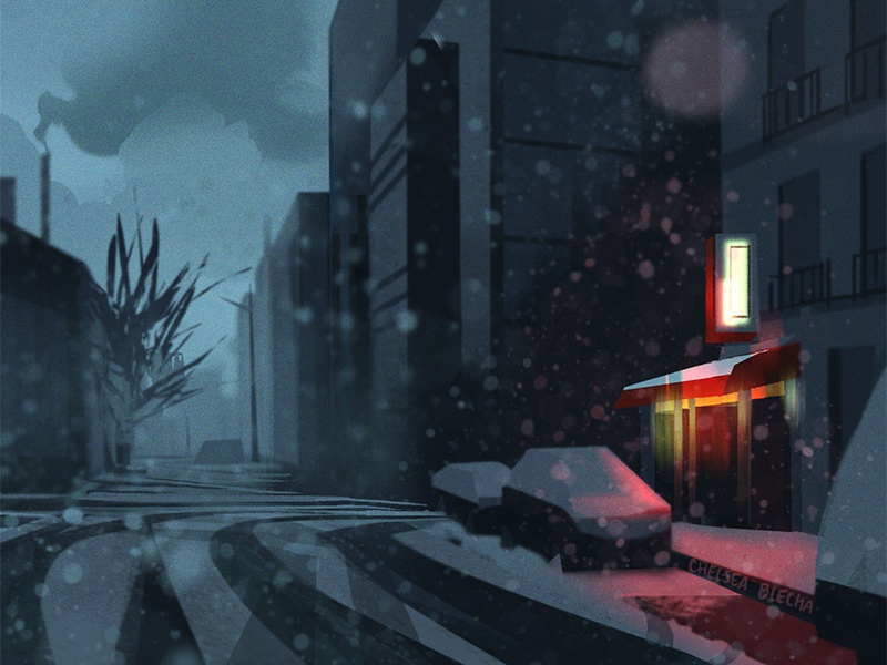 Flurry weather snow travel night city background design environment de.jpg