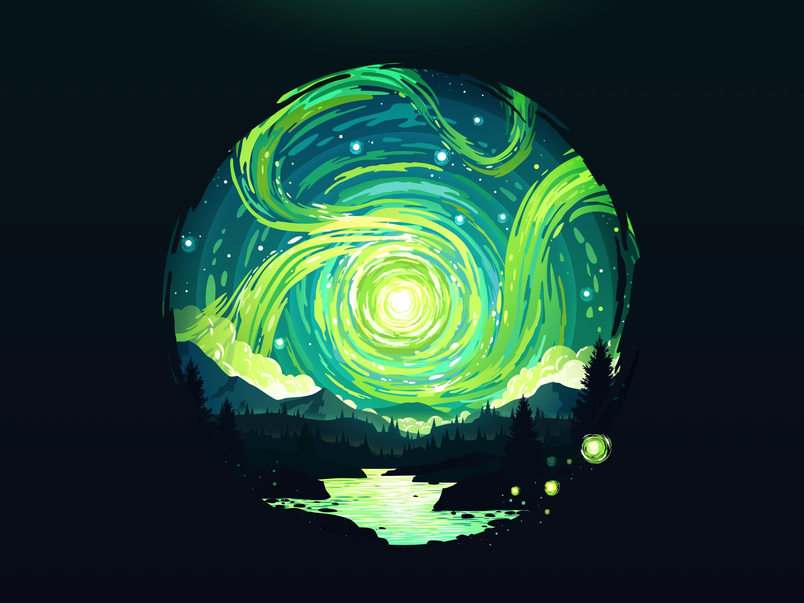 Heavenly Greens circle views northern lights scene scenery calm relax.webp