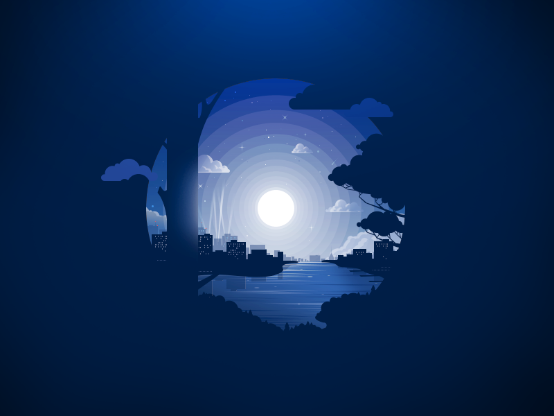 Night city river water house tree forest radiance landscape trend illu.png