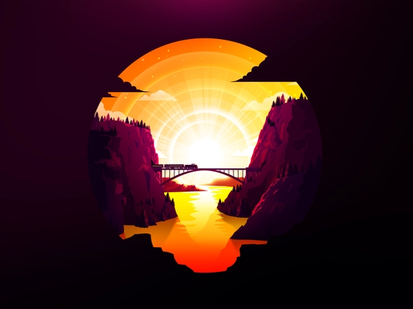 Railroad bridge train tunnel reflection cloud sun river tree illustrat.webp