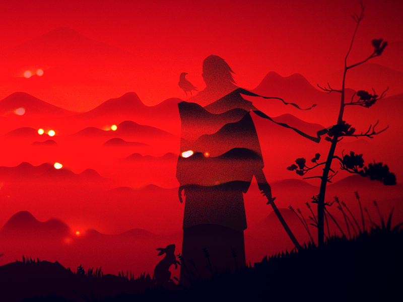 Coming Home fire village animals man nature mountains landscape.png