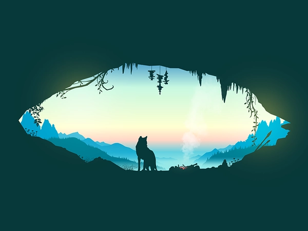 Awaken mist sunrise morning home spear fire wolf mountains cave vector.webp