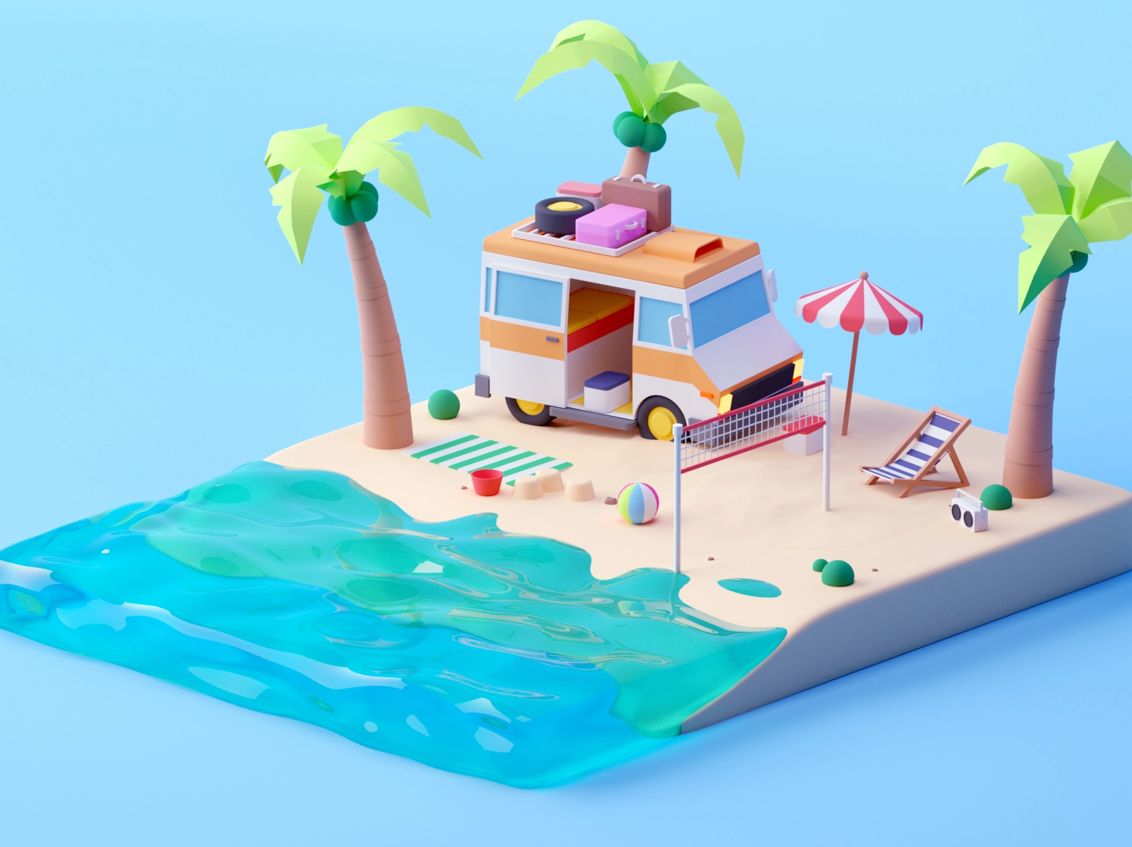 Beach cartoon isometric room beach game design illustration lowpoly oc.webp