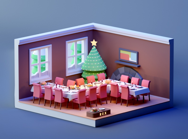 Big Turkey Dinner design isometric room low poly octane illustration l.jpg