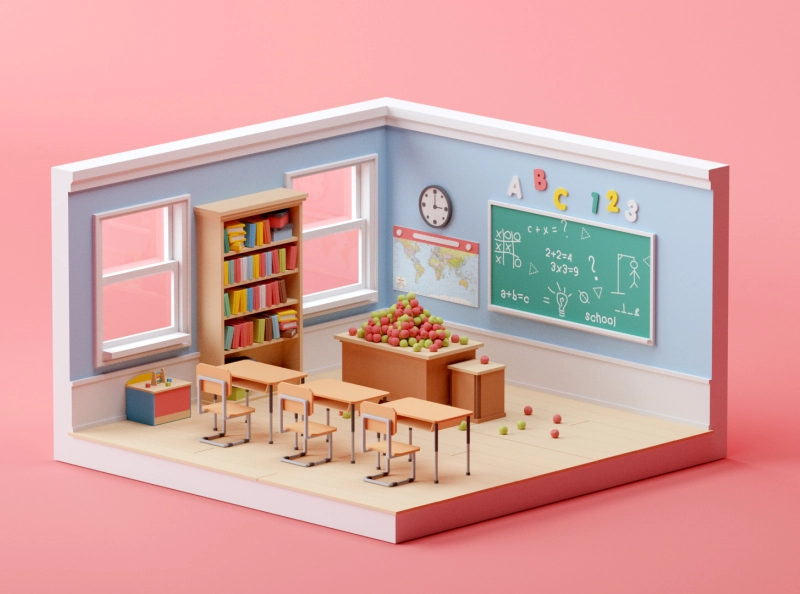 Classroom game design isometric room illustration cartoon octane lowpo.webp