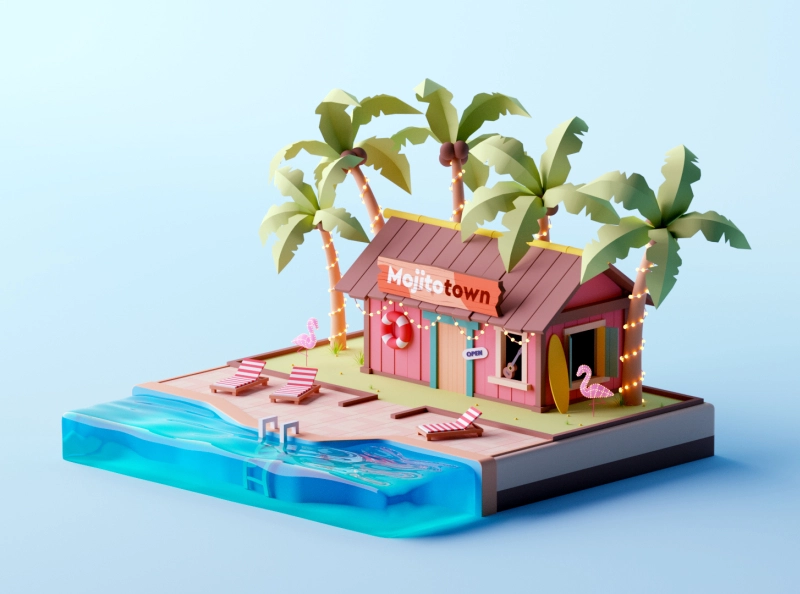 Holiday Vacation low poly design isometric room illustration octane lo.webp