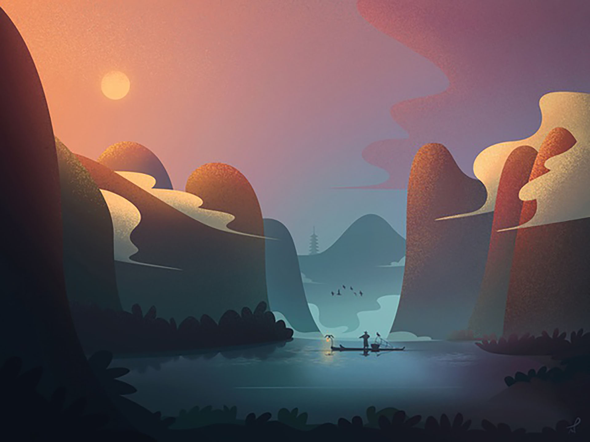Cormorant fishing at sunset photoshop design art evening illuatration.jpg