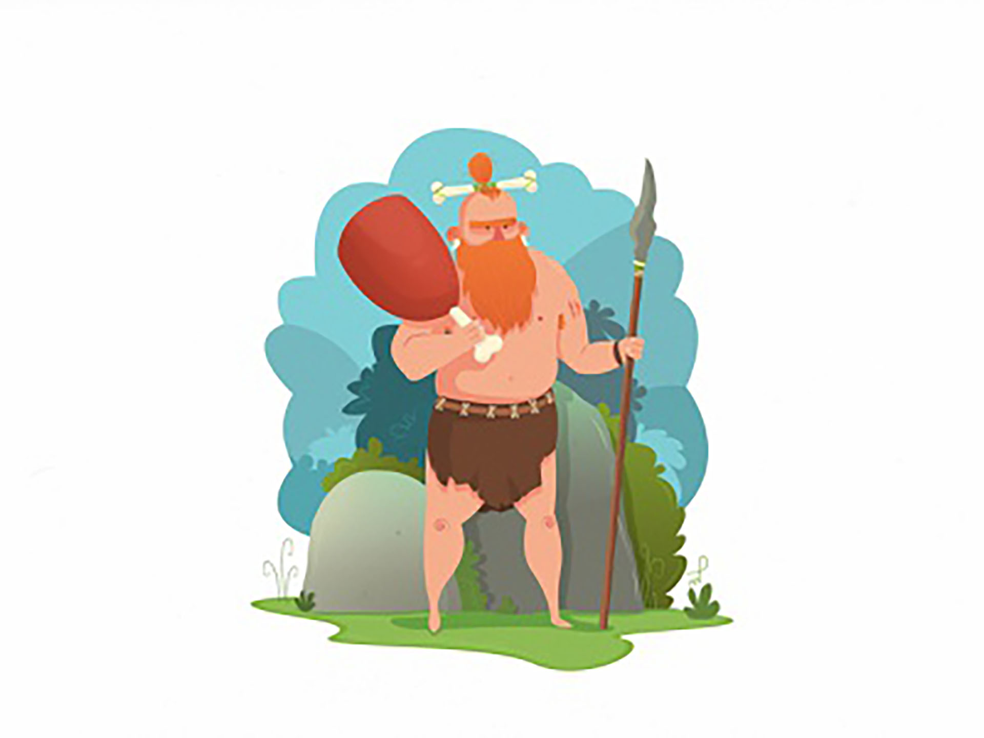 Hunter 10,000 BC hipster caveman ginger blue green florals bones fire.jpg