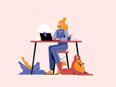 A Woman Working With A Dog At Her Feet character illustration animatio.webp