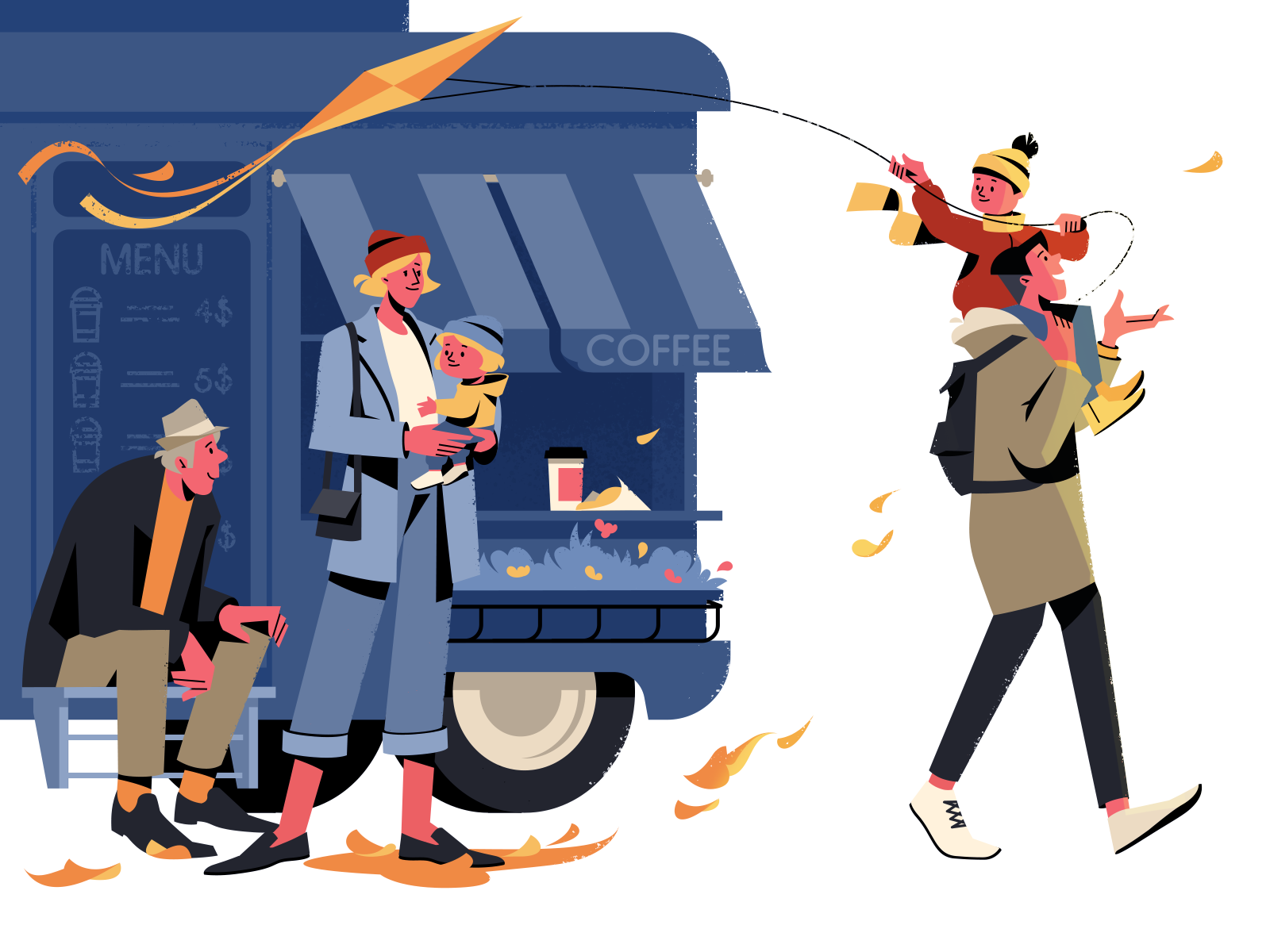Autumn In The City fall autumn leaves children season street flat illu.png