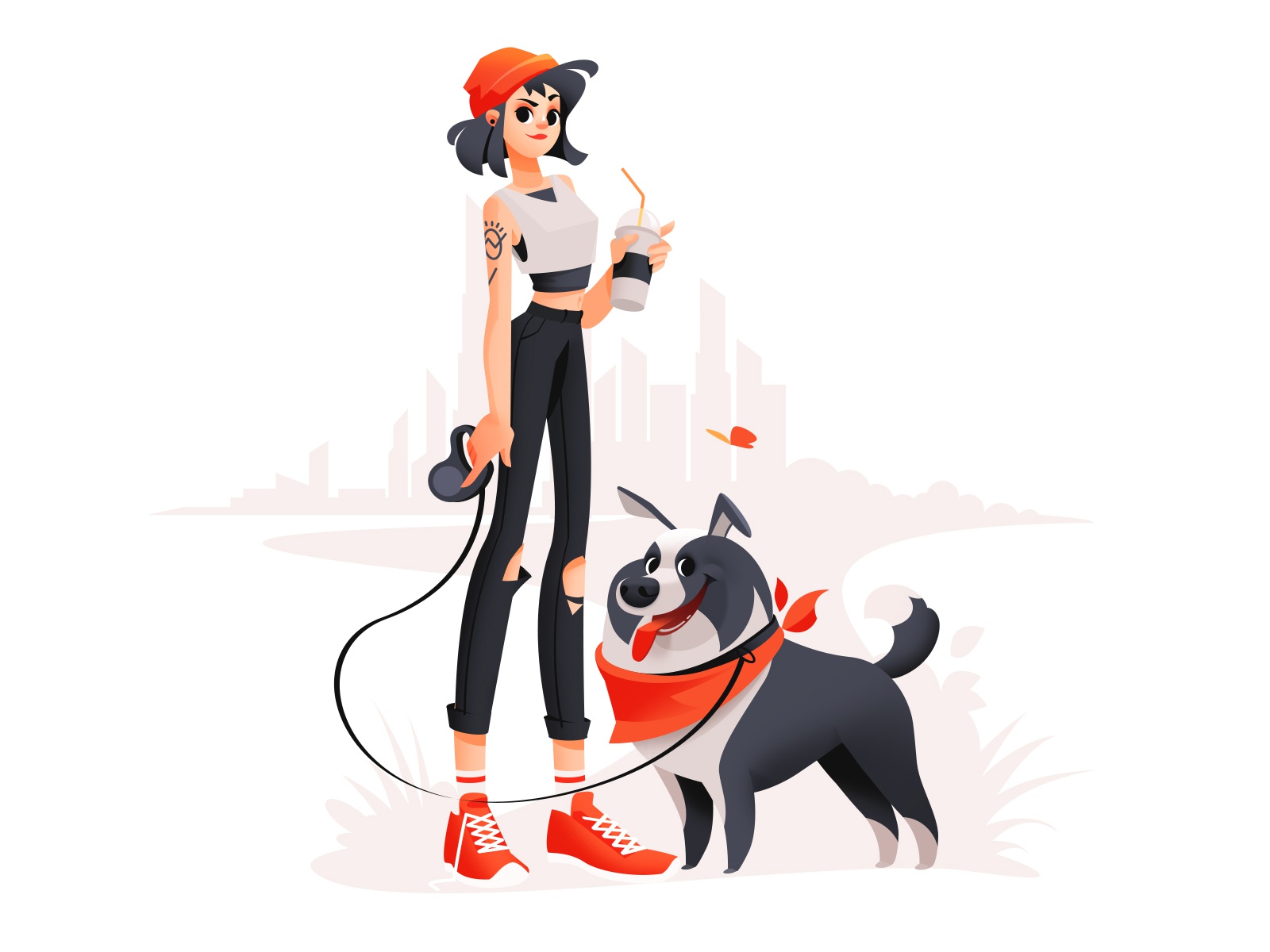 Walking A Dog digitalart city drawing colorful woman dog walking walki.jpg