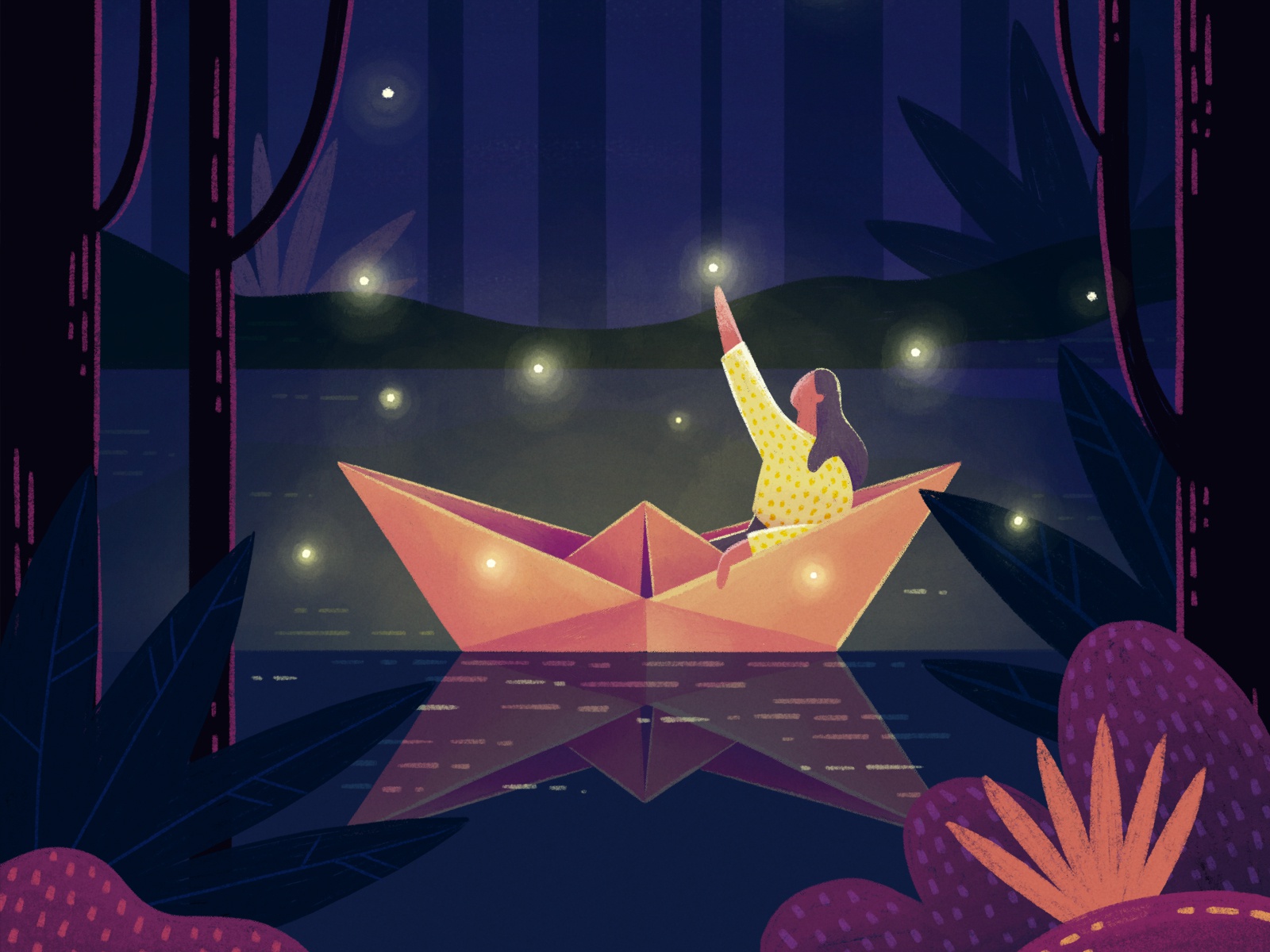 A Summer Night bushes oragami reflection nighttime night fireflies fir.jpg