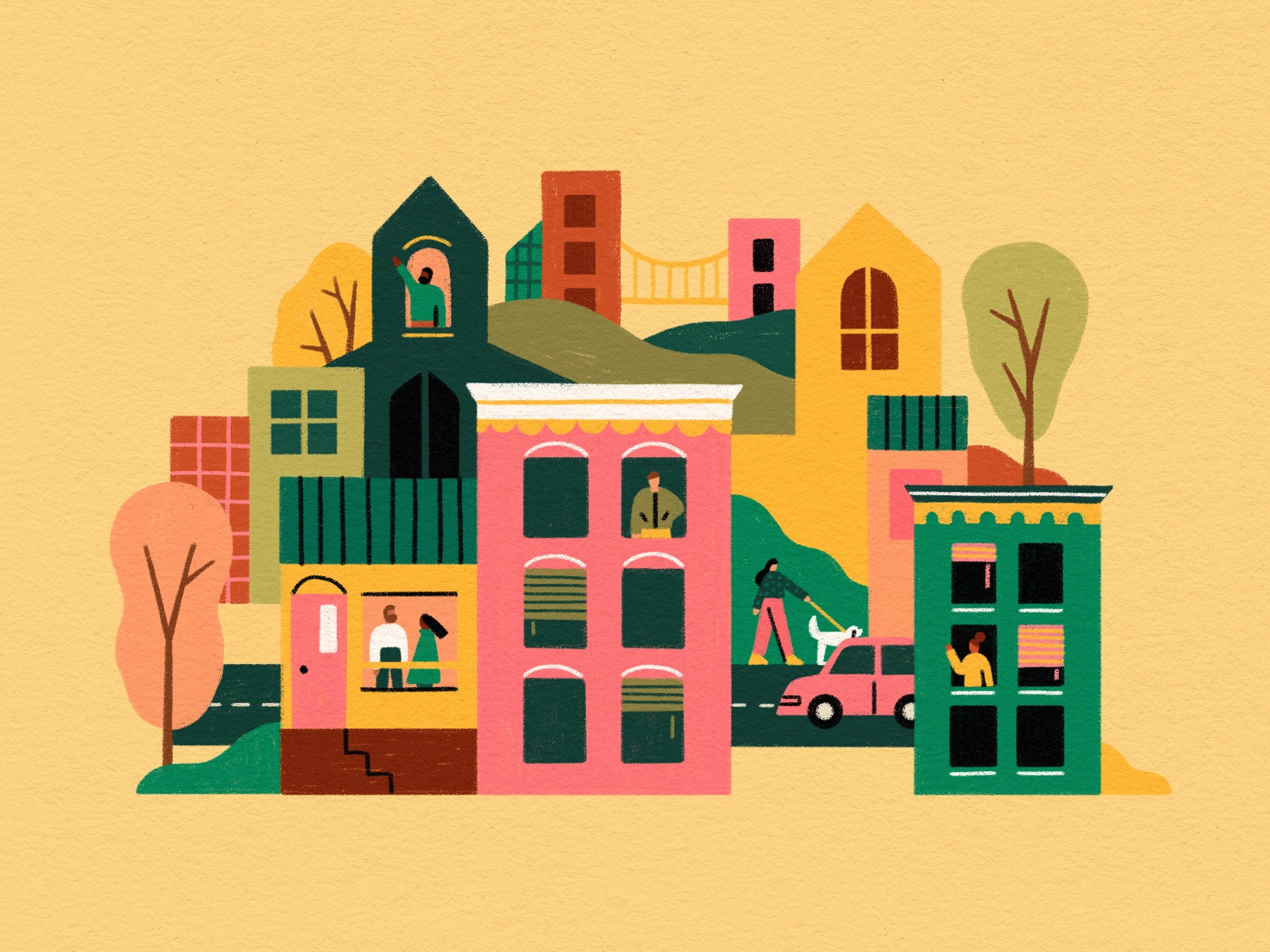 Autumn City bridge tree yellow urban car people houses fall trees illu.webp