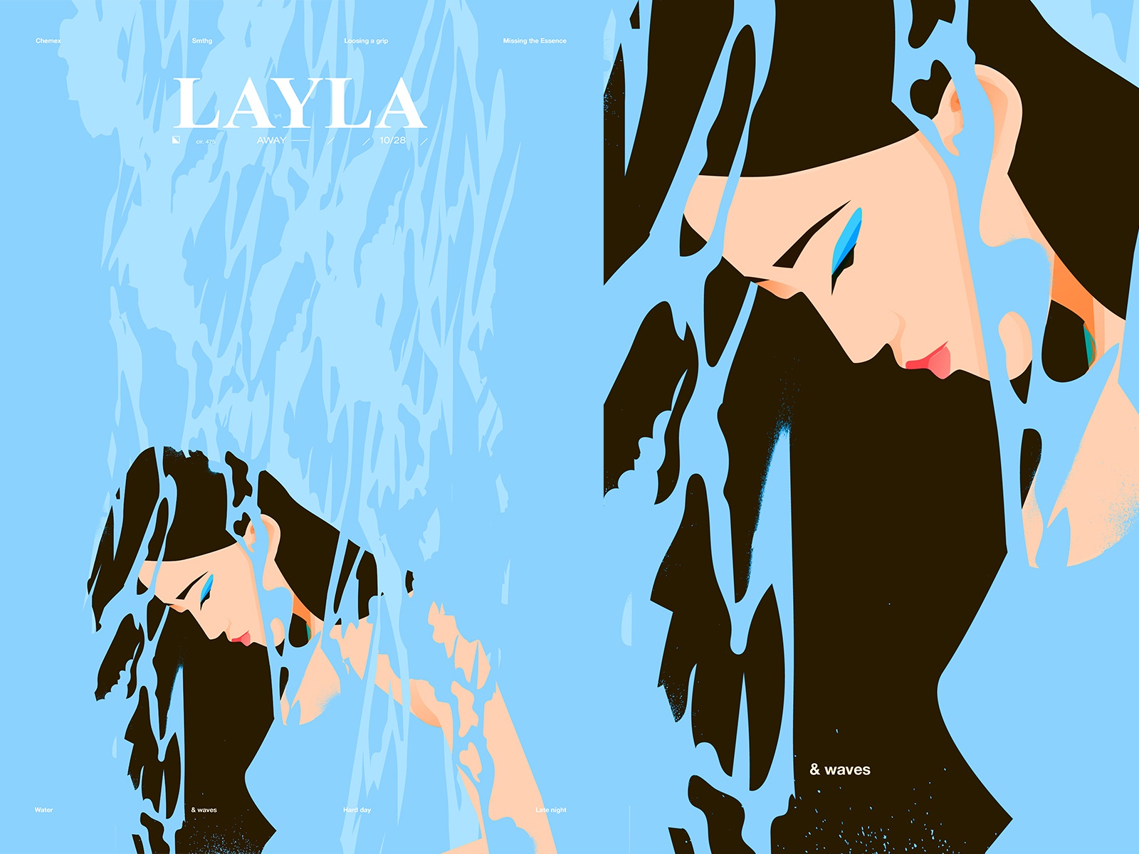 Away in sea cover blue textures water girl illustration form poster a.jpg