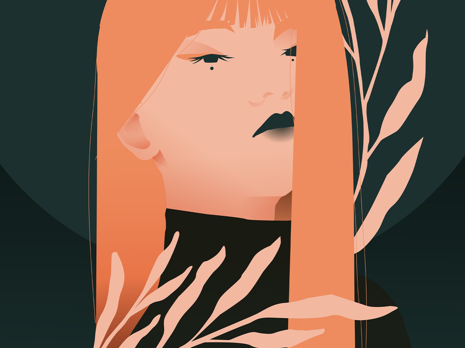 Goth girl character leaves floral pattern floral portrait illustration.jpg