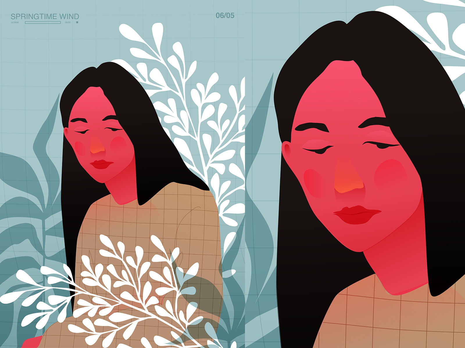 Long face deformation leaves flowers girl illustration girl character.jpg