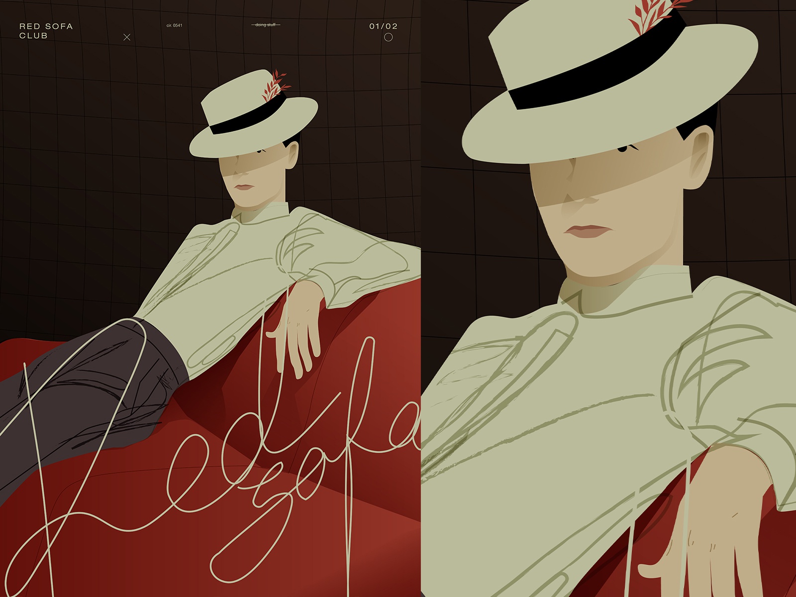Red sofa figure moody jazz sofa hat man typography lines illustration.jpg
