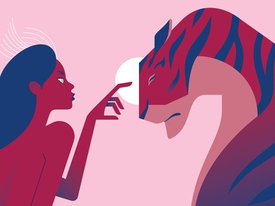 Tiger charmer hand peaceful zen tiger hair animal vector girl woman mi.webp