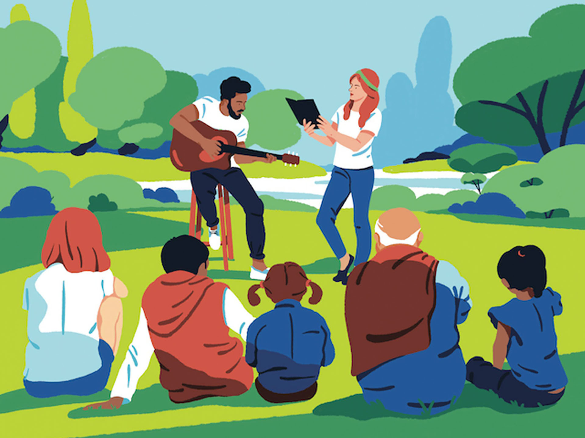 Reading in the park character illustration summertime family summer am.jpg