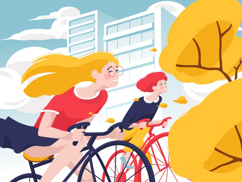 Cyclists Girls bright sky building yellow fall autumn drive dynamic ha.jpg
