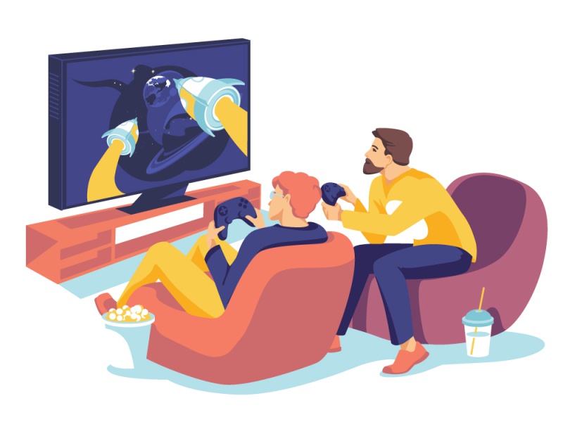 Gamers together monitor obsession hobby play game guys characters flat.jpg